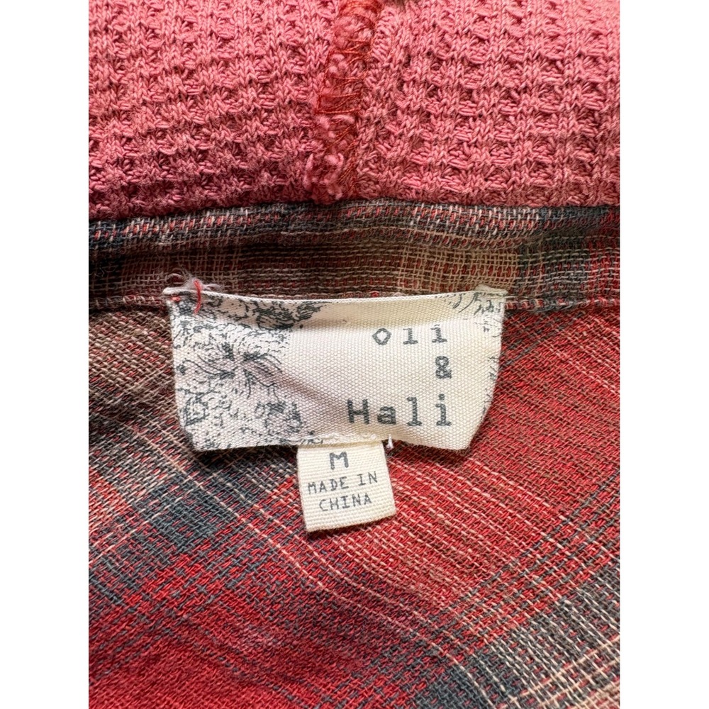 Oli & Hali Plaid Hooded Shacket M Waffle Knit Grunge Boho Shabby Mixed Media - Picture 5 of 10